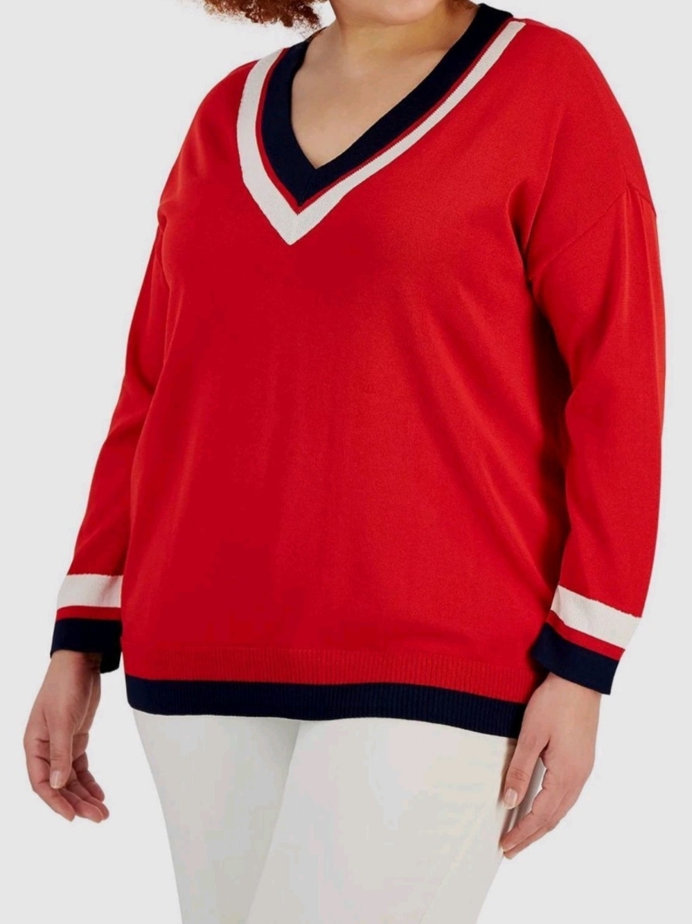 Anne Klein Red V-Neck Sweater with Navy and White Trim